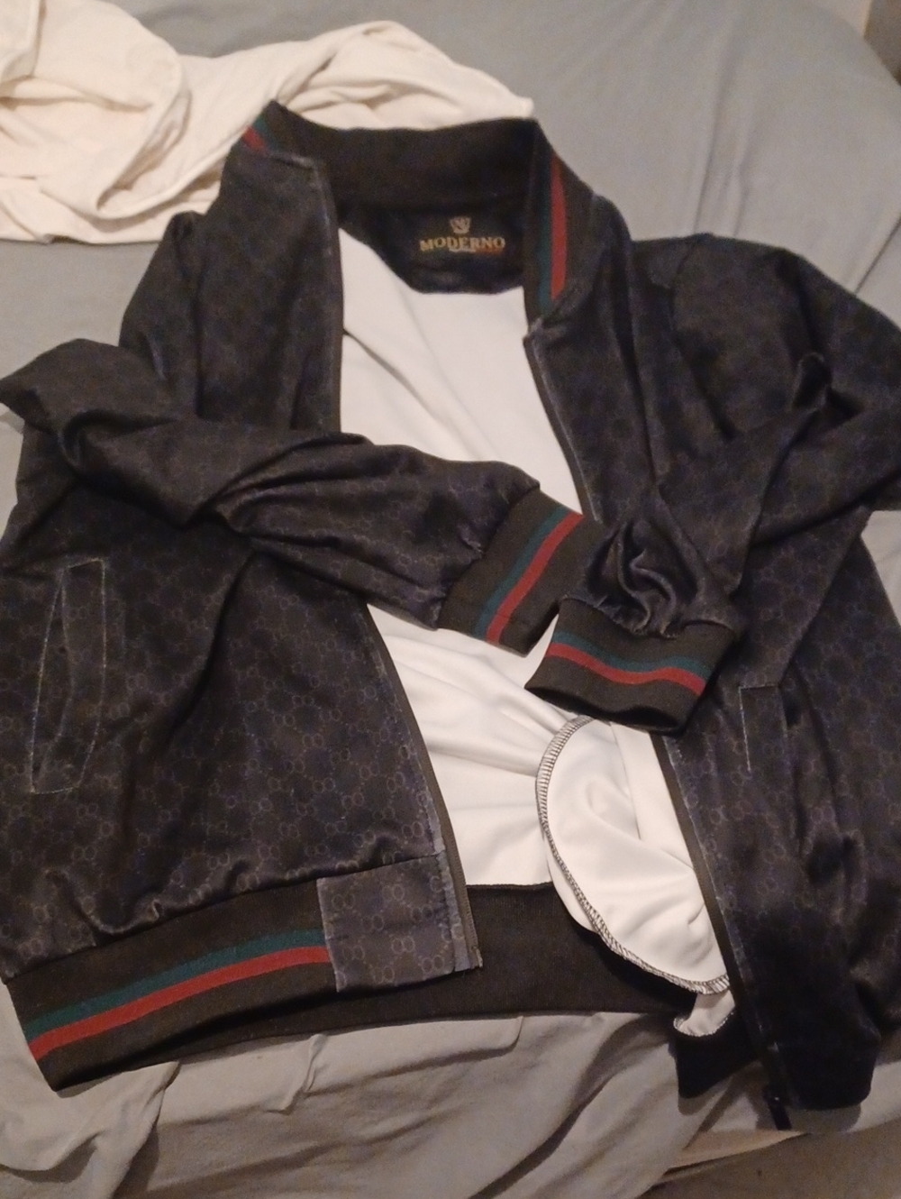 Men's Black Patterned Bomber Jacket with Stripe Trim